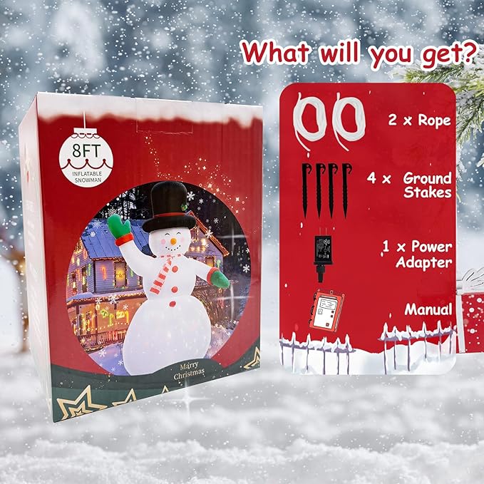 8FT Blow-Up Snowman Happiness Waves at You, Large Inflatable Christmas Outdoor Decor IP44, Blow up Snowman with Built-in 2 LEDs & Colorful Flashing Light,Inflatable Snowman for Yard/Party/Xmas Gift