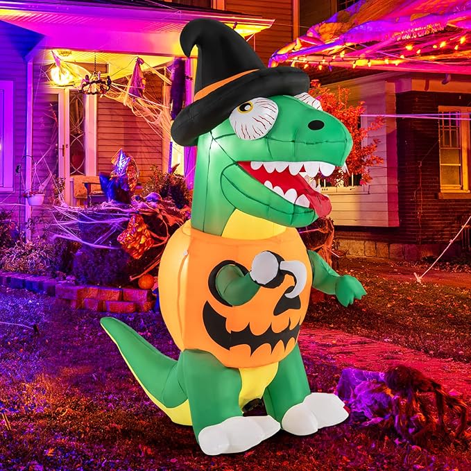 Goplus 6 FT Inflatable Pumpkin Dinosaur, Blow up Yard Decoration with Built-in LED Lights & Witch Hat, Halloween Inflatable Decoration with Stakes, Tethers & Sandbag, for Garden, Yard & Lawn