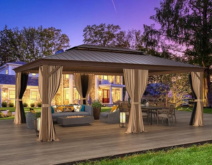 MELLCOM 14'x20' Gazebo, Galvanized Steel Double Roof with Wood Grain Aluminum Frame, Outdoor Permanent Metal Pavilion with Curtains and Nettings for Patio, Backyard and Deck