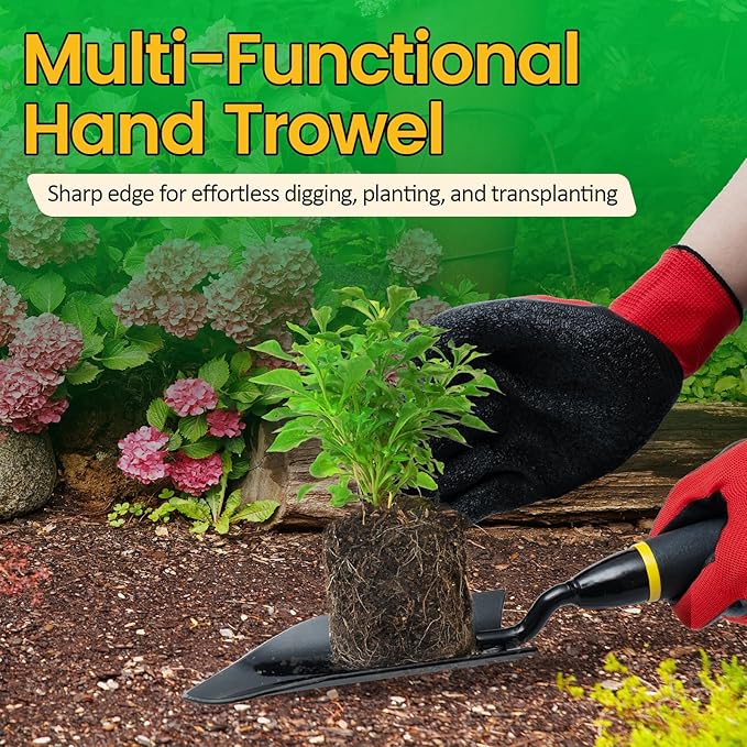 Garden Tool Set, 2 Piece Heavy Duty Gardening Hand Tools with Comfortable Handle, Including Garden Trowel and 6-Tine Rake, Durable Gardening Gift for Kids Men Women