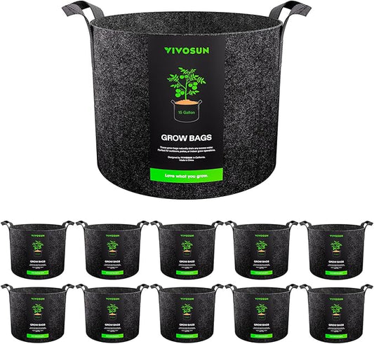 VIVOSUN 10-Pack 15 Gallon Grow Bags, Reinforced Planter Fabric Pots for Gardening Black