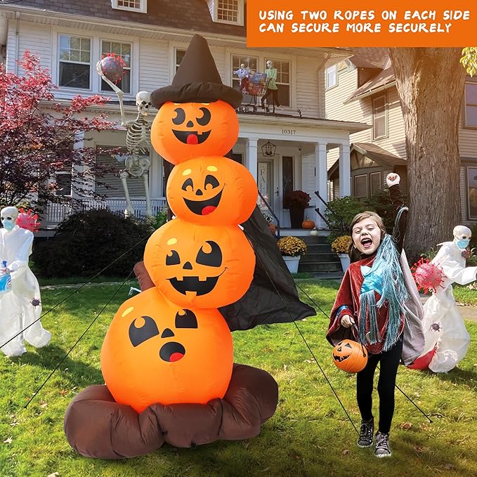 DearSun 6FT H Halloween Inflatable Stacked Pumpkins with Witch’s Hat, Blow up 4 Pumpkins Inflatable with Build-in LED Lights Outdoor Decorations Large Party Yard Decoration