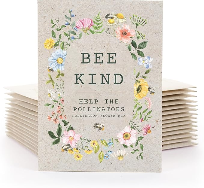 Bentley Seed Co. | Bee Kind Pollinator Flowers | Beautiful Bee Art Kraft Look Seed Packets | Environmental Favors Cards for Guests | Wildflower Mix Seed Packets | Eco-Friendly Hand Out Gift | 25 Pack