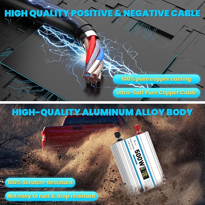 500W Car Power Inverter 12V DC to 110V AC, Car Charger Plug in Adapter Outlet with 2 AC Outlets&PD 36W USB-C&QC 18W Port, Portable Power Converters for Laptop Vehicles Camping Road Trip