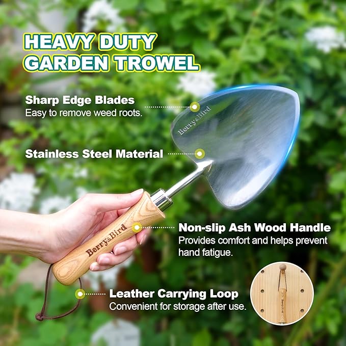 Berry&Bird Potting Trowel, Oversized Garden Hand Shovel with Sharp Blade & Wood Handle, Stainless Steel Gardening Tool for Roots, Planting, Digging, Transplanting, Soil Loosening and Fertilizer Mixing