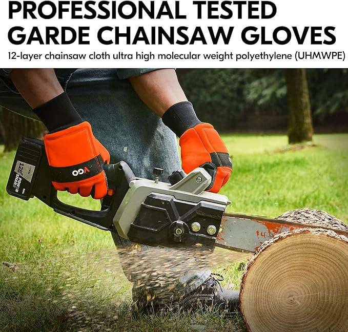 Vgo... Chainsaw Gloves, 12-Layer Chainsaw Protection on Both Hand Back, leather Work Gloves, Mechanic Gloves