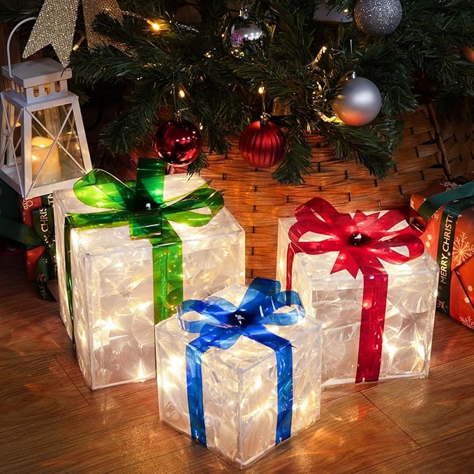 Set of 3 Christmas Lighted Gift Boxes, 60 LED Light Up Present Boxes for Christmas Decorations Indoor Outdoor Yard Xmas Tree Holiday Party Lawn Porch Home Decor (PVC)