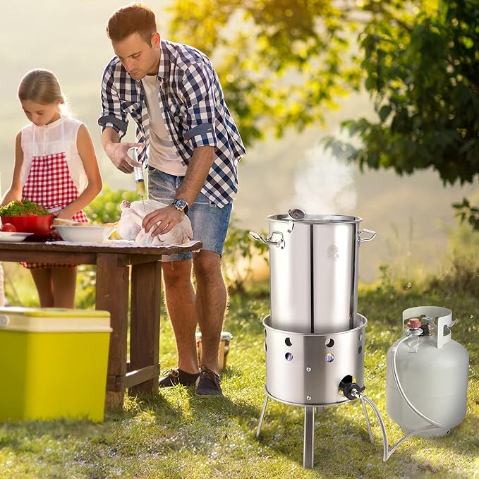 ARC 32QT Stainless Steel Turkey Fryer Kit With Burner, Seafood Boil Pot And Burner With Basket,Crawfish Boil Tamale Steamer Crab Boil Pot With Injector Thermometer, High Temperature Resistant Gloves