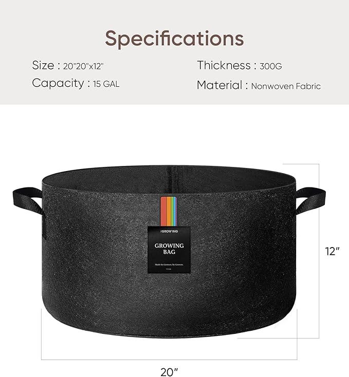 The Growing 5 Pack 15 Gallon Fabric Grow Bags,Thickened Aeration Nonwoven Fabric Plant Pots with Durable Handles,Heavy Duty 300G Planter Pot for Tomato, Fruits, Vegetables and Flowers, Black