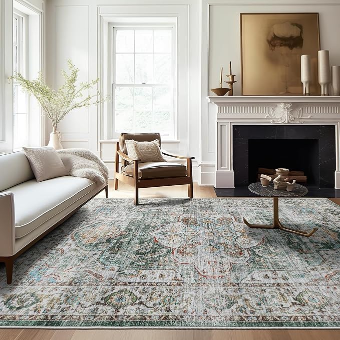 10x14 Area Rugs,Ultra-Thin Washable Rugs for Living Room,Non-Slip Lightweight Foldable Area Rug,Stain Resistant Vintage Large Rugs (Green,10'x14')