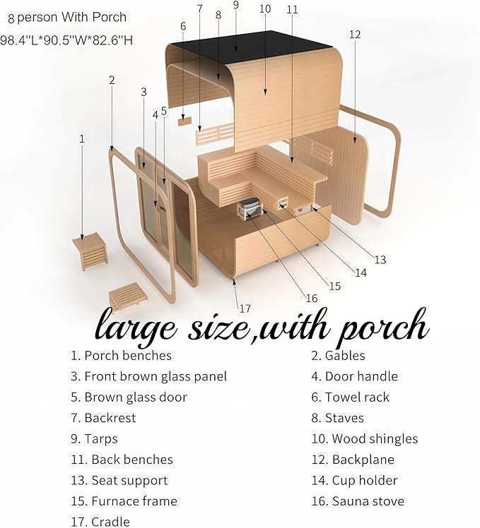 Customize Outdoor Traditional Steam Sauna 4-10 Person, Canadian Hemlock, Red Cedar Sauna, Porch Option, Glass Window Option, Wood Burning Stove or Harvia Heater, ETL Certificate(0-195 °F)