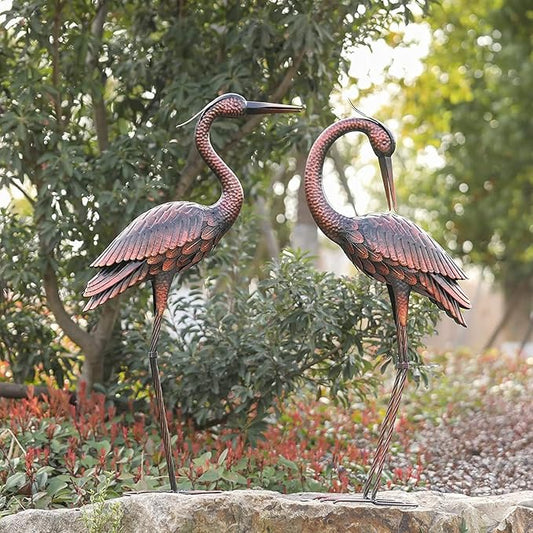 Kircust Crane Garden Sculptures & Statues Heron Decoy Large Size Metal Birds Yard Art Standing Vintage Brass Heron Lawn Ornament Outdoor Decorations 37 Inches Set of 2