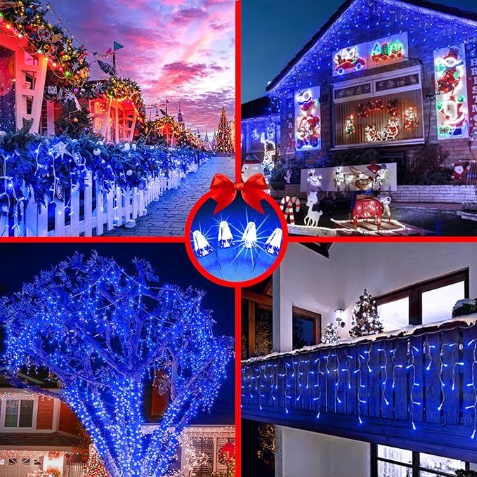 1620 LED Christma Lights with 360 Drops, 164ft Outdoor Hanging lights with 8 Modes & Timer Memory, Outsite Waterproof Curtain String Lights for Front House Fence Tree Holiday Decorations Blue