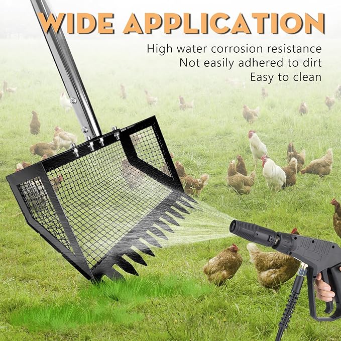 Chicken Poop Scooper and Rake 2-in-1, 10” Wide Metal Coop Scoop for Sand Sifting Shovel with 22" to 62” Adjustable Stainless Steel Handle, Cleaning Tools for Chicken Coops & Farm Animals Scoop