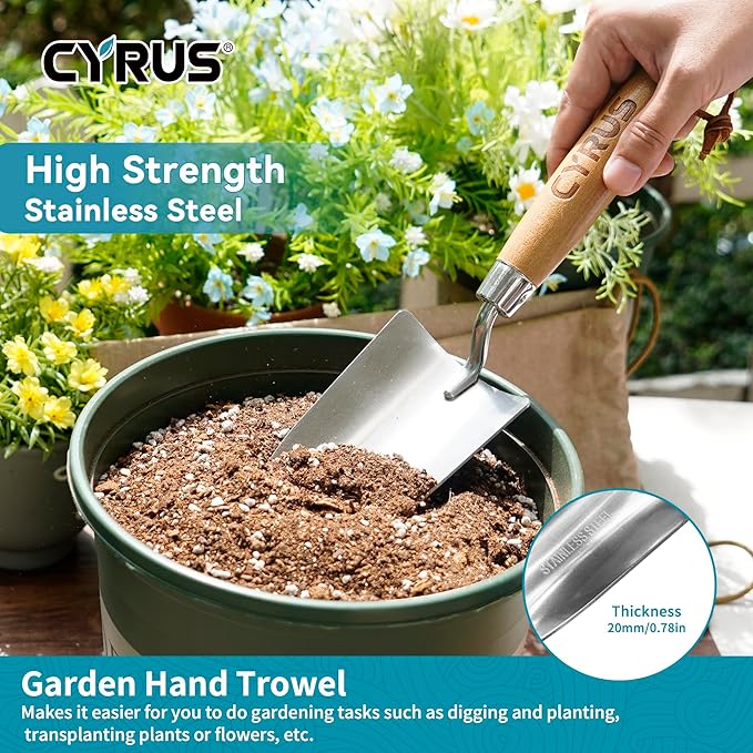 CYRUS Garden Tool Set,3 Piece Garden Shovel,Includes Hand Trowels, Transplanting Shovel and Hand Rake with Ash Wood Handle for Planting, Weeding, Maintaining Lawns and Gardens