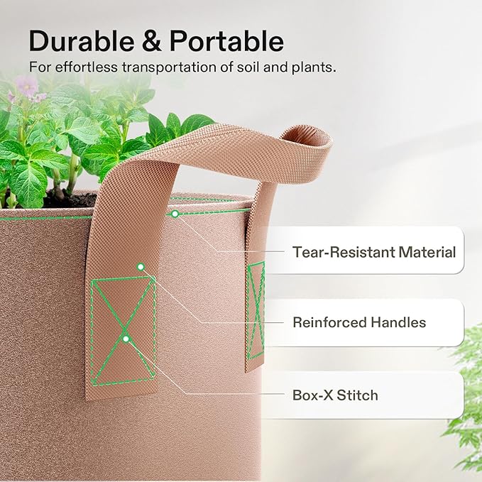 VIVOSUN 5-Pack 25 Gallons Grow Bags Heavy Duty Thickened Nonwoven Fabric Pots with Strap Handles Tan
