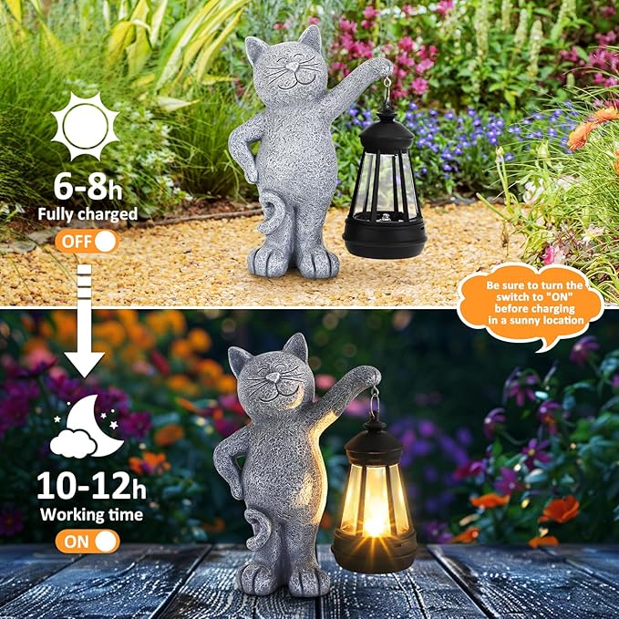 Solar Cat Garden Statues with Solar Lantern, Outdoor Cat Garden Figurines Decorations for Yard Patio Lawn Balcony, Unique Birthday Gifts for Mom Women.