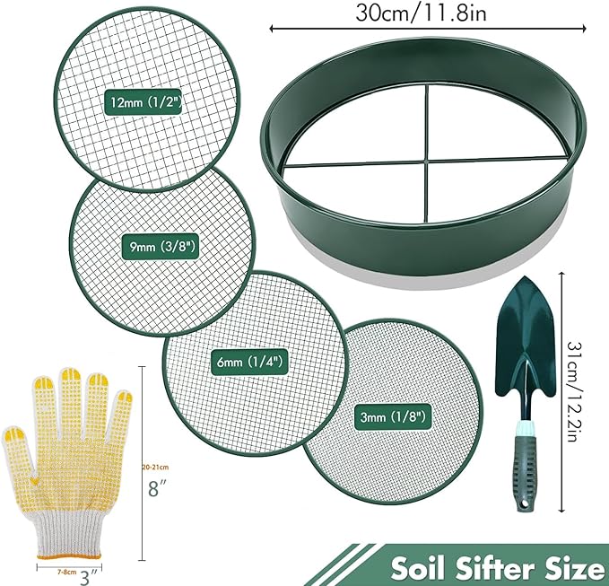 Soil Sieve Sifter Set with Shovel Gloves, Garden Sieve Set with 4 Interchangeable Mesh 3,6,9,12mm, Dirt Sifter for Sand, Rock, Compost, Soil Scoops Garden Tool (Green Sieve Set)
