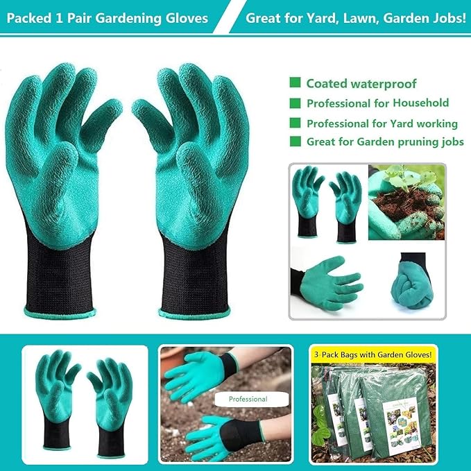 Standard 3-Pack 16 Gallons Home Garden Bags (D18, H15 inches) with Coated Gardening Gloves,Leaf Waste Bags,Patio Bag,Reusable Trash Can,Lawn Yard Waste Bags,Laundry Container with 4 handles