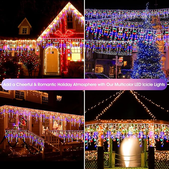 Christmas Icicle Lights Outdoor,640 LED 65.6 FT 8 Modes with Remote Control, Curtain Fairy String Lights for Christmas Decorations Holiday Wedding Party Eaves Window Yard Indoor (Multicolor)
