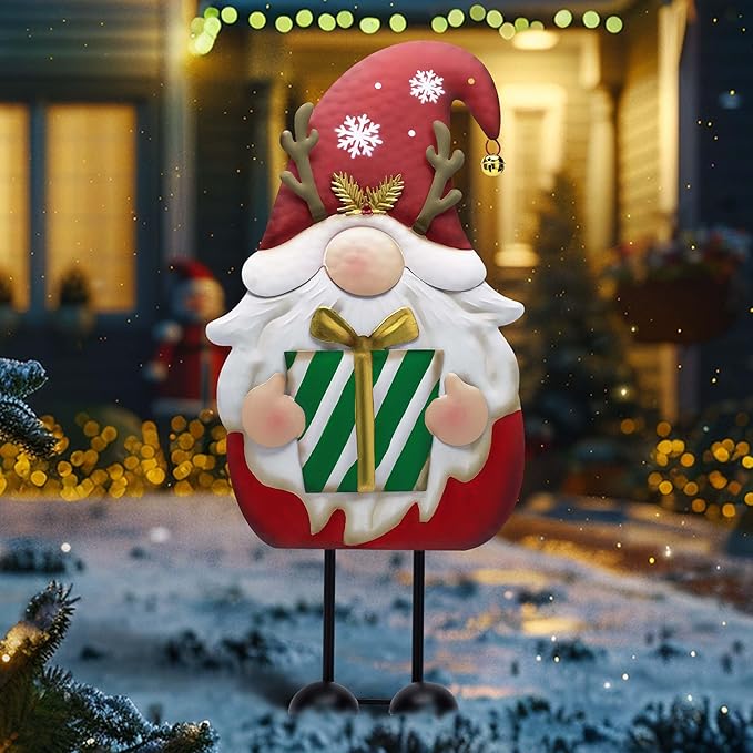 TERESA'S COLLECTIONS Gnome Christmas Decorations,Metal Red White Santa Holding Gifts,Christmas Gnome Statue for Garden Indoor Outdoor,Decorative Yard Art Signs for Lawn Xmas New Year Winter Decor,24"
