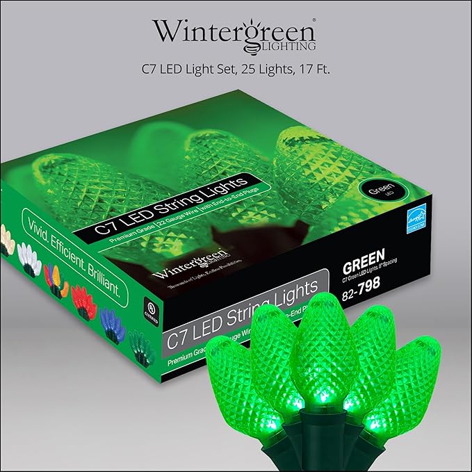 25 Green C7 Christmas Lights, 17 Ft – LED String Light Set by Wintergreen for Outdoor Holiday Lighting, St. Patrick's Day, and Halloween