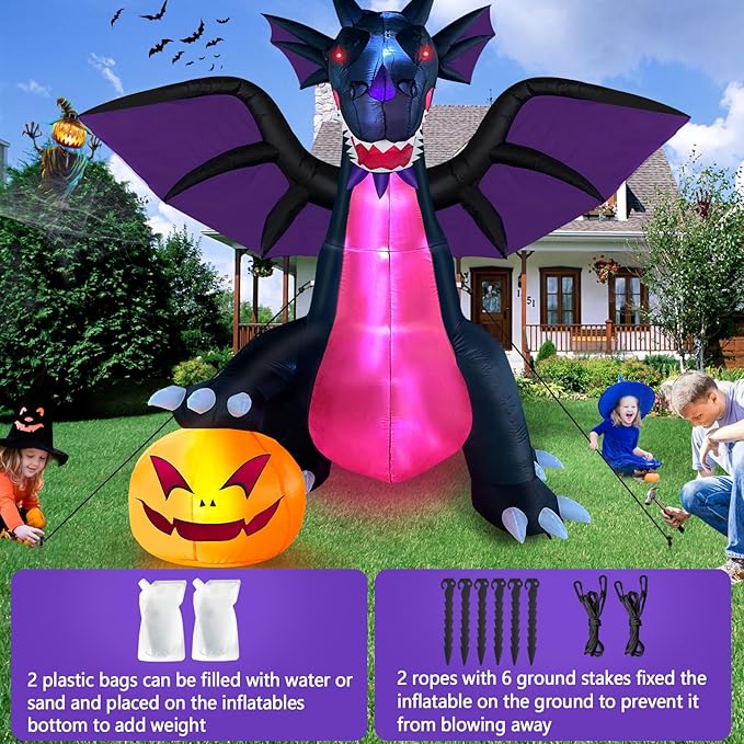 Danxilu 9FT Halloween Inflatable Dominating Dragon with Pumpkin Outdoor Decoration, Blow Up Yard Decoration with LED Lights Spooky for Halloween Fun Holiday Party Yard Garden Lawn Decor