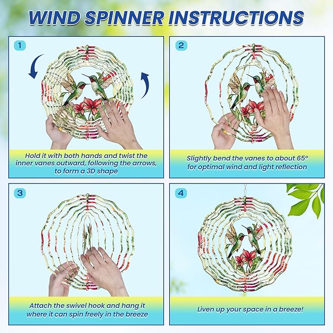 FLAGWIX Christmas Hummingbird Gifts for Women - 3D Stainless Steel Metal Wind Spinners 12in - Hummingbird Wind Spinner Yard Decorations Outdoor Indoor Hanging Garden Decor, Christmas Decorations