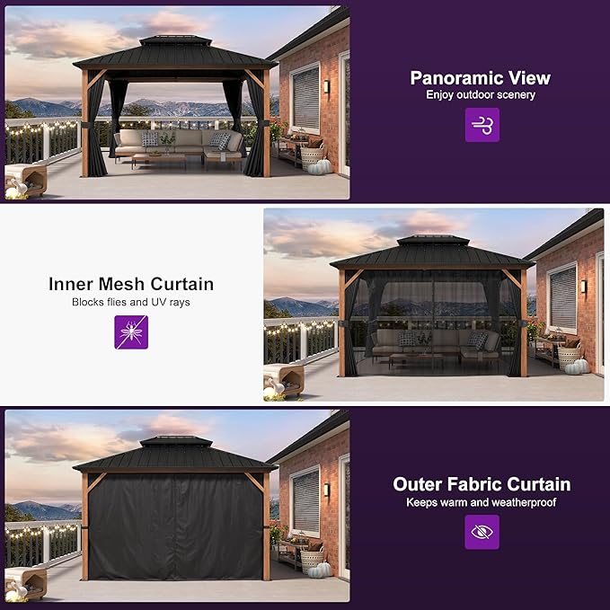 PURPLE LEAF 10' X 12' Hardtop Gazebo Outdoor Wood Grain Aluminum Frame Galvanized Steel Double Roof Gazebos with String Lights for Patio Deck Backyard Garden