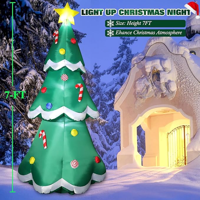 7 FT Tall Christmas Inflatables Tree Decorations Outdoor, Blow up Christmas Tree Yard Decor with LED Lights Star Treetop & Colorful Candy for Xmas Holiday Party Indoor Garden Patio Display Hall Lawn