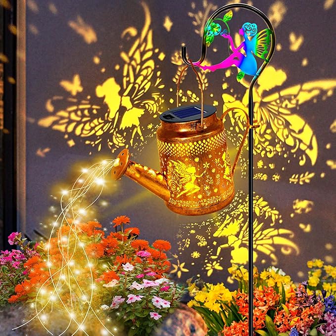 Solar Lanterns Outdoor Waterproof,Metal Watering Can Garden Decor,Fairy Hanging Solar Path Lights Yard Art,Outside Patio Decorations Gardening Birthday Gifts for Mom Grandma Women(with Shepherd Hook)