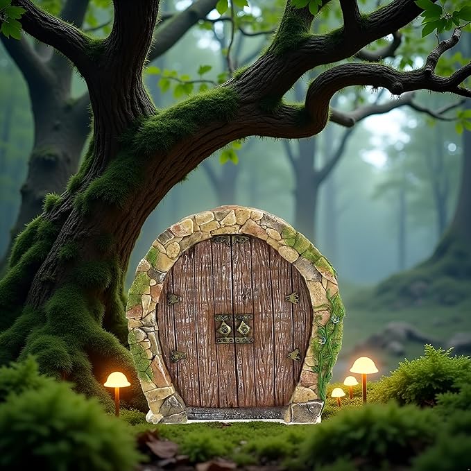 Brown Mini Fairy Garden Door for Tree, 3D Miniature Fairy Door, Bonsai Terrarium Micro Landscape Decoration Accessories, Garden Miniatures