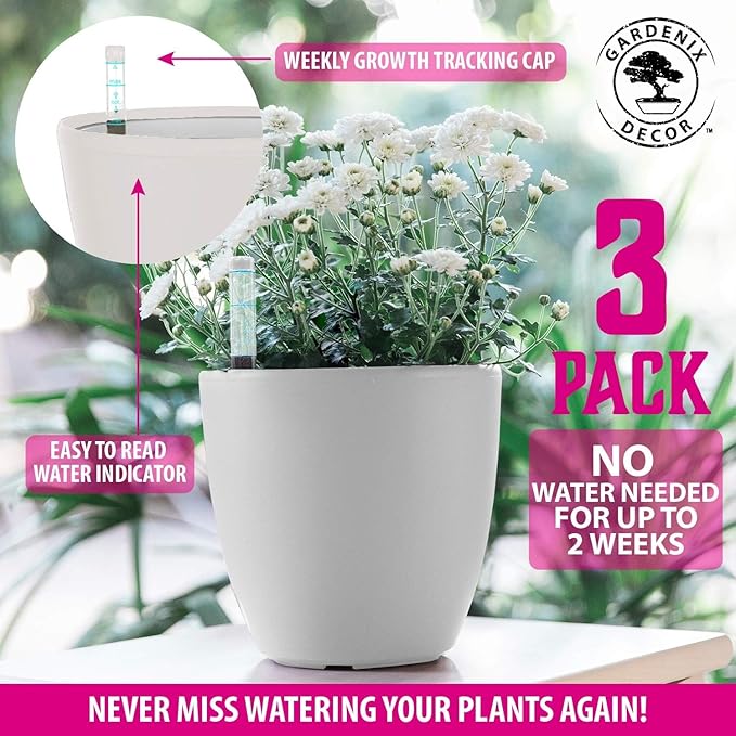 GARDENIX DECOR Self Watering Pots for Indoor Plants 3 Pack - Flower Pot with Water Level Indicator for Plants, Grow Tracking Tool - Self Watering Planter Plant Pot - Coco Coir - White