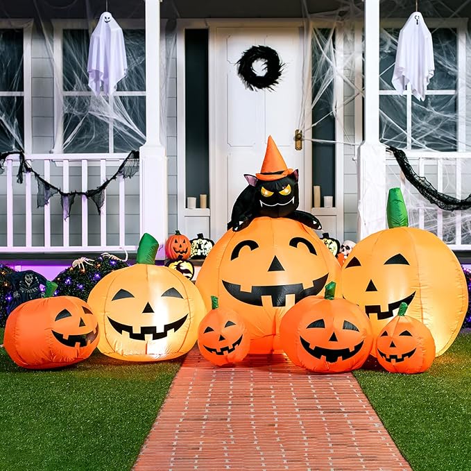 Joiedomi 7 FT Long Halloween Inflatables Pumpkin Outdoor Decorations, 7 Pumpkins Outside Decoration with Witch's Cat with Build-in LEDs Blow Up Inflatables for Party Yard Lawn Garden Decor