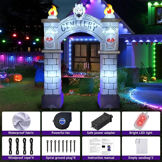 9.5FT Halloween Inflatable Archway, Giant Blow up Arch Yard Decorations with Skeleton, CEMETERY, Wisp, Demon, Outdoor Halloween Decorations Build-in LEDs Lights for Yard, Party, Garden, Lawn