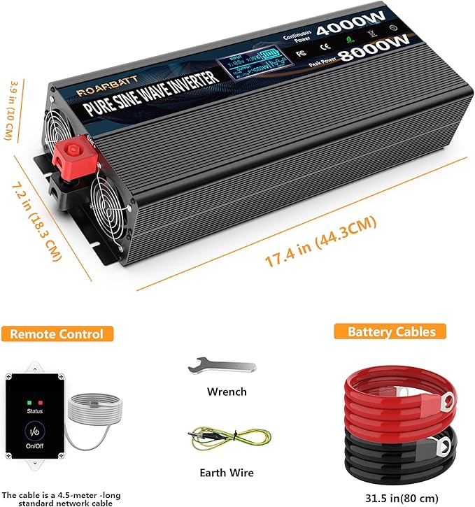 Pure Sine Wave Power Inverters 4000W 12V DC to AC 110V 120V Peak 8000W with Remote Control 4 Outlets,Dual USB Port,LED Display Terminal Blocks for Inverter Truck RV Car Solar System