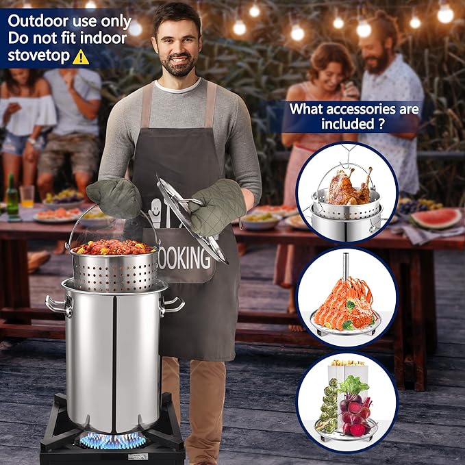 ARC 32QT Seafood Boiling Kit, 200,000BTU Propane Burner and 36" Large Spoon, Crawfish Boil Pot w/Basket and Steamer Rack, Outdoors Cooking and Steaming, Large Turkey Fryer Pot, Lobster Shrimp Pot