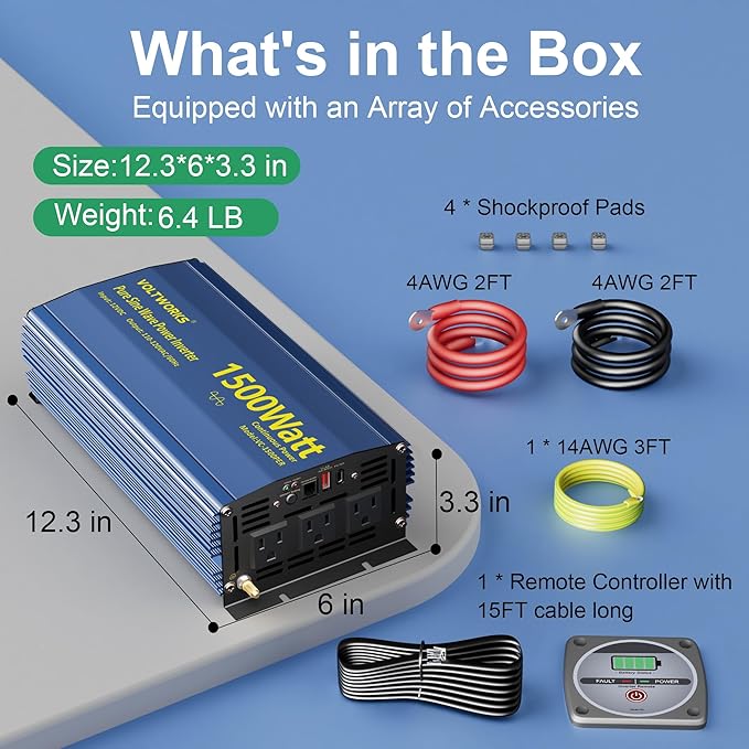 Power Inverter 1500W Pure Sine Wave Inverter 12V to 110V 120V AC with PD36W USB-C Builtin UL Fuse 15FT Remote with Battery Monitor Compatible with Lithium Battery Statlink for Car Off-Grid Solar RV
