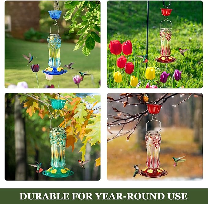 Kingsyard Hummingbird Feeder for Outdoors Hanging, 25 Ounces, Glass Humming Bird Nectar Feeder with Ant Moat & 6 Feeding Ports, Leak Proof, Blue