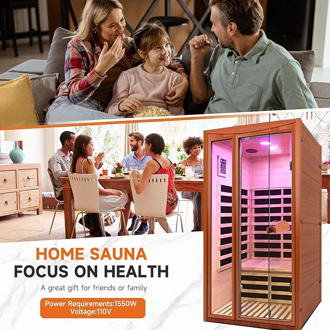 Far Infrared Sauna Home Sauna Spa Room for 1-2 Person Low-EMF Canadian Hemlock Wood 1550W Indoor Saunas with 7 Color Light 39.3 * 35.4 * 74.8Inch