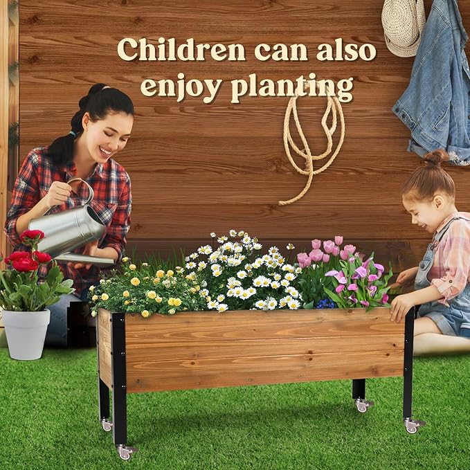 Wood Rectangular Garden Planter Box with Wheel Raised Garden Bed Outdoor,Planters for Outdoor Plants 37 * 13 * 15 Elevated Planter Box for Herbs Vegetables Flowers Outdoor Patio Deck Balcony