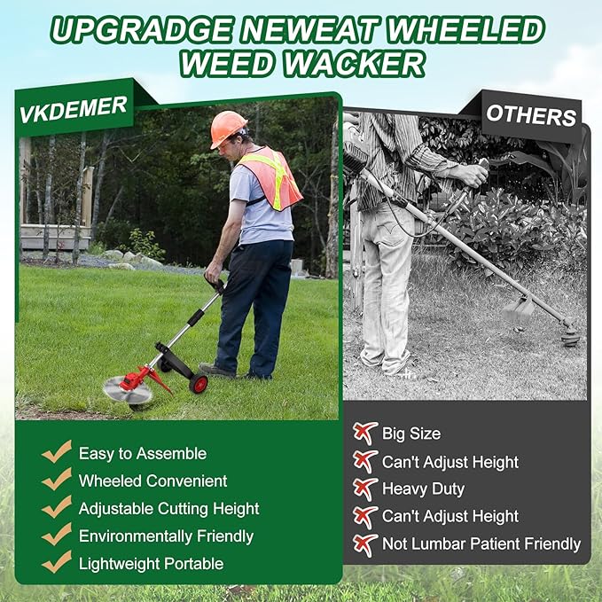Cordless Weed Wacker, 9-inch Electric Weed Wacker Battery Powered with 2 Pcs 4.0Ah Batteries, 3 in 1 Wheeled Grass Lawn Trimmer/Brush Cutter,3 Types Blades Lightweight Edger Trimmer for Yard Care