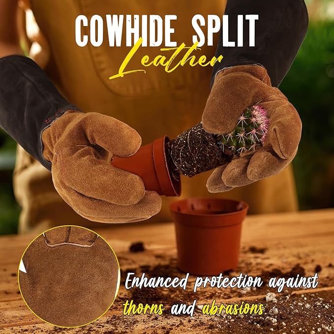 HANDLANDY Pruning Gloves Long for Men & Women, Pigskin Leather Rose Gardening Gloves- Breathable & Durability Gauntlet Gloves (Black-brown, X-Large (Pack of 1))