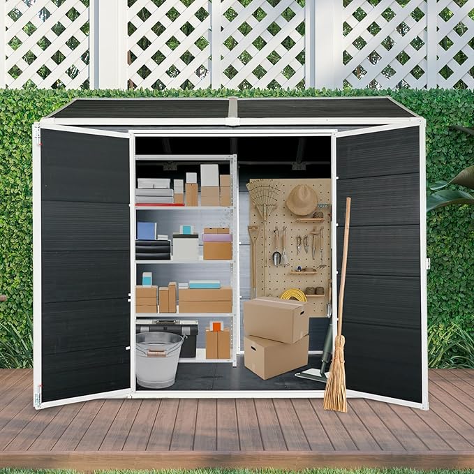 8x6 ft Resin Outdoor Storage Shed with Two-Window and Double-Door, Plastic Shed with Floor for Gargen, Patio, Yard, Lawn, Grey (1 Doors) (Black, 8x6 ft)