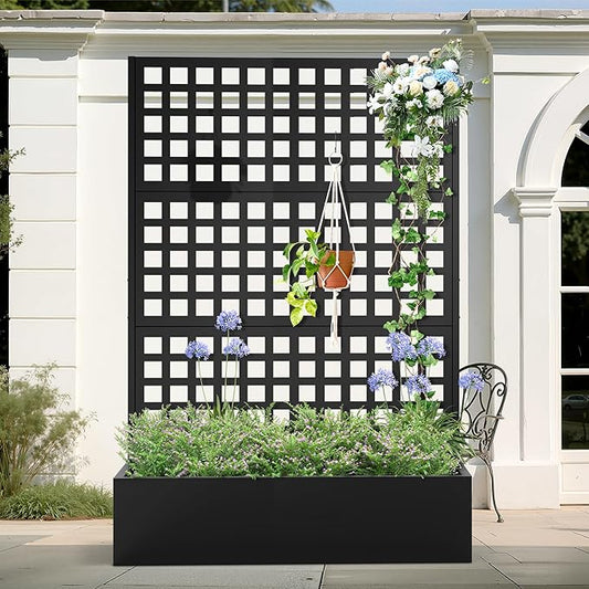 Metal Planter Box with Trellis, Heavy-Duty Raised Garden Bed for Climbing Plants, Drainage Hole, Outdoor Planter Box with Privacy Screen,47''L×16''W×71''H