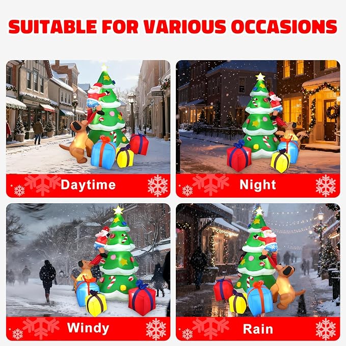 HFO 8ft Christmas Inflatable Outdoor Decorations, Blow up Christmas Tree Yard Decor with Dog Bite Santa Claus 3 Wrapped Gift Boxes, Bright LED Lights Christmas Outdoor Decorations
