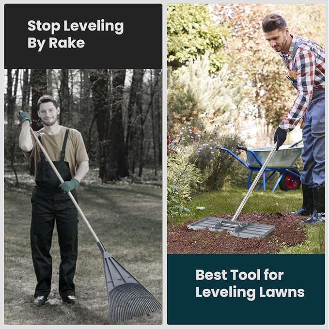 Lawn Leveling Rake 17 inch, Lawn Leveler Garden Tool with Stainless Steel Handle Rakes for Lawns Heavy Duty Landscape Rake for Backyard, Garden, Golf Course, Farm, Pasture