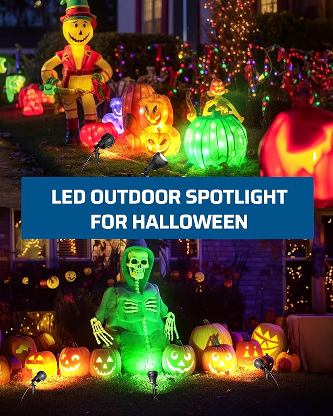 DEWENWILS 120V LED Outdoor Spotlight Halloween, 3 Extra Lenses (Red Green Yellow), 4.8W 5000K Plug in Spotlight, Waterproof Landscape Light for Yard, Tree Flag, Holiday, 5FT Extension Cord, UL Listed