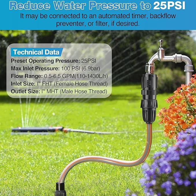 6 Pcs 25 PSI Drip Irrigation Pressure Regulator Faucet Adapter Kit, 3 Pcs 3/4" FHT x 3/4'' MHT Pressure Regulator, 3 Pcs 1/2 Inch Drip Irrigation Tubing Adapter for Drip Irrigation System