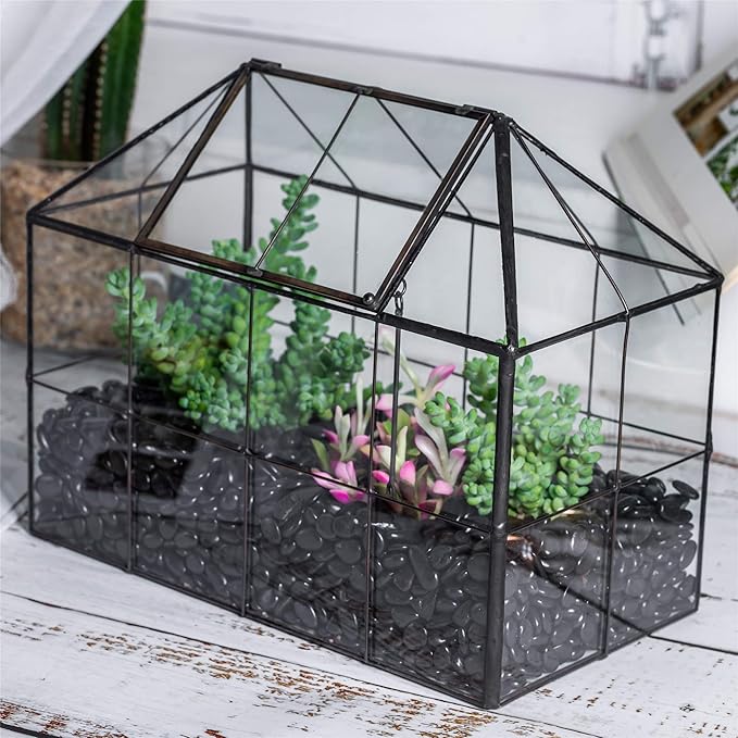 NCYP Glass Terrarium Planter with lid for Small Succulent Cacti - 9.84" x 5.31" x 7.87" Grid House Shape Geometric Planter Pot, Home Garden Indoor Tabletop Decor, Black (No Plants)
